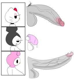big_penis bodily_fluids bored chart chastity_cage chastity_device clothing comparing dripping genital_fluids genitals gynomorph half-closed_eyes hat headgear headwear huge_penis hyper hyper_genitalia hyper_penis intersex lock narrowed_eyes penis penis_chart penis_indent precum precum_drip smug smug_face smug_grin spade_tail tail whiskers savagensfw hello_kitty_(series) onegai_my_melody sanrio hello_kitty_(character) kuromi my_melody demon felid feline felis lagomorph leporid mammal rabbit colored