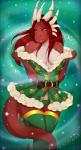 abstract_background anthro belt blue_eyes breasts cleavage clothed clothing female hair holidays horn legwear looking_at_viewer non-mammal_breasts panties pose red_body red_hair skimpy snow solo stockings tail thigh_highs underwear wide_hips vexstacy christmas mythology evellyn dragon mythological_creature mythological_scalie scalie absurd_res hi_res