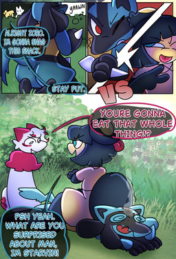 blue_body blue_fur fight fighting_pose fur imminent_vore male male/male multicolored_body multicolored_fur pose sitting_on_another halfpricesouls nintendo pokemon mango_(halfpricesouls) zoro_(halfpricesouls) generation_3_pokemon generation_4_pokemon generation_5_pokemon lucario mawile pokemon_(species) zoroark absurd_res comic cover cover_art cover_page hi_res