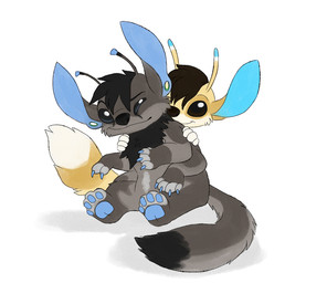 4_arms 4_fingers 4_toes alternate_species black_eyes black_hair black_nose black_tail_tip blue_claws blue_pawpads cheek_tuft claws dipstick_tail duo facial_tuft feet fingers fur grey_body grey_fur hair markings multi_arm multi_limb multicolored_tail pawpads simple_background sitting smile tail tail_markings tan_body tan_fur toes tuft white_background white_tail_tip neonslushie disney lilo_and_stitch asa_(scrapteeth) fan_character vio_(neonslushie) alien experiment_(lilo_and_stitch) 2015 digital_drawing_(artwork) digital_media_(artwork)