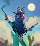 anthro cactus clothing cowboy cowboy_hat desert female gun gun_smoke handgun hat headgear headwear plant pose ranged_weapon revolver smoke solo weapon quiietjay melonie_(melon_sweet_doe) hi_res painting_(artwork)