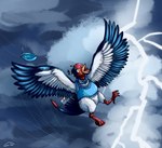 avian_feet beak blue_body clothing cloud cloudy_sky costume electricity feathered_crest feathered_wings feathers feet female feral flying hat head_crest headgear headwear lightning markings red_markings sky storm tail tail_feathers talons toes white_body white_markings wind wings yellow_eyes gyrotech nintendo pokemon mistral_(gyro) avian generation_3_pokemon pokemon_(species) swellow absurd_res hi_res