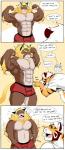 0rang3 2015 ^_^ abs absurd_res annoyed anthro arm_tuft barazoku belly bent_over biceps big_belly big_muscles biped blonde_hair bodily_fluids boxer_briefs breath brown_body brown_fur brown_stripes bulge chest_tuft clothed clothing comic dialogue digital_media_(artwork) dot_eyes duo english_text exclamation_point eyes_closed eyewear facial_markings fangs felid flexing flying_sweatdrops fur gesture glasses hair hand_gesture head_markings hi_res holding_breath huge_muscles humor inner_ear_fluff kemono laugh libra_(0rang3) lion long_tail looking_at_belly malaysian male mammal mane mane_hair markings moobs motion_lines musclegut muscular muscular_male nipples onomatopoeia open_mouth open_smile orange_background orange_body orange_fur orange_hair pantherine panting pecs pictographics pince-nez pink_nipples pink_nose pink_tongue pointing red_clothing romantic romantic_couple shaking shirt shivering short_hair simple_background smile sound_effects sparkles speech_bubble standing striped_body striped_fur stripes sweat sweatdrop tail teeth text tiger tongue topless topwear tuft underwear white_body white_clothing white_fur white_hair yellow_body yellow_fur