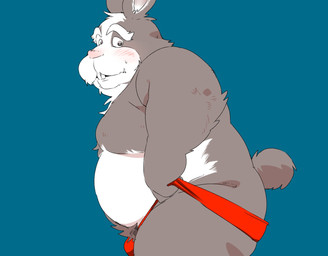 anthro belly biped blue_background blush bulge clothing fur grey_body grey_fur kemono male mature_male moobs overweight overweight_male pink_nose simple_background solo standing underwear white_body white_fur inunoshippo nintendo star_fox peppy_hare hare lagomorph leporid mammal 2026 hi_res
