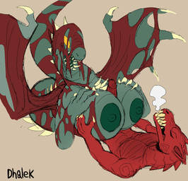 anthro big_breasts breast_play breasts claws duo erection female genitals huge_breasts lying male male/female membrane_(anatomy) membranous_wings nipples nude on_back open_mouth penile penis red_body sex sharp_teeth simple_background size_difference spikes spikes_(anatomy) tail teeth titfuck wings dhalek capcom monster_hunter mythology dragon elder_dragon fanged_wyvern mythological_creature mythological_scalie odogaron scalie vaal_hazak digital_media_(artwork)