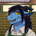 anthro black_hair blue_body clothing hair horn long_hair looking_at_viewer male orange_eyes solo teeth sharkiedude mythology malk dragon kobold mythological_creature mythological_scalie scalie 1:1 absurd_res bust_portrait hi_res portrait