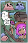 ambiguous_gender barn border bucket clothed clothing container female fence group hair human_focus not_furry pink_hair tan_body text white_border pedverse goo_creature human mammal 2:3 absurd_res comic english_text hi_res