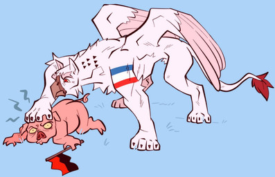 anthro blue_background brown_claws celebration claws coat_of_arms coat_of_arms_of_crimea crimea crimean_flag defeated digitigrade dominant dominant_feral dominant_male duo eyebrows feathered_wings feathers feral frown fur furry_tail grass grey_eyebrows grumpy larger_male long_tail lying male male_anthro male_feral markings neck_markings no_irises pig_nose pinned pinned_by_head pinned_to_ground plant politics propaganda propaganda_poster quadruped red_eyes russian russian_federation semi-anthro simple_background size_difference slim_feral smaller_male standing submission_hold submissive submissive_feral submissive_male tail ukrainian ukrainian_insurgent_army ukrainian_insurgent_army_flag unsigned white_body white_fur wings yellow_eyes gala_bobs mythology russo-ukrainian_war crimean_griffin_(gala_bobs) ukrainian_insurgent_army_pig_(gala_bobs) avian domestic_pig gryphon mammal mythological_avian mythological_creature suid suine sus_(pig) 2023 digital_media_(artwork) flat_colors full-length_portrait paint_tool_sai_(artwork) portrait russian_description translated_description