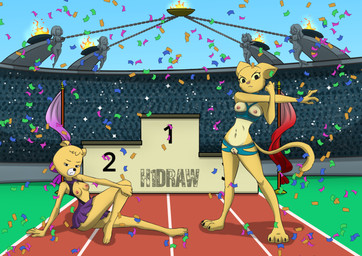 anthro areola biped black_eyes black_nose bottomwear breasts claws clothing confetti countershade_torso countershading crotchless_bottomwear crotchless_clothing crotchless_panties crotchless_pants crotchless_shorts crotchless_underwear dress duo eyebrows female fire fur genitals humanoid_genitalia humanoid_vulva innie_vulva looking_at_viewer medium_breasts mostly_nude navel nipples on_ground outside panties pants public public_exposure sitting stadium standing stretching tan_body tan_countershading tan_fur toe_claws underwear vulva yellow_body yellow_fur yellow_sclera h1draw hanna-barbera microsoft prequel_adventure the_elder_scrolls the_hillbilly_bears floral_rugg katia_managan bear felid khajiit mammal 2026 absurd_res crossover hi_res