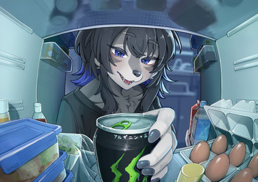 anthro appliance beverage black_clothing black_hair black_nails black_nose black_shirt black_topwear blue_eyes blue_highlights blurred_background chest_tuft clothing colored_nails countershade_face countershade_fur countershading egg egg_carton female female_anthro fisheye_lens food fridge fur grey_body grey_fur hair highlights_(coloring) kemono kitchen_appliance looking_at_object midnight_snack nails perspective purple_eyes shirt solo teeth text topwear tuft white_body white_fur ayabemiso monster_energy canid canine canis mammal wolf artist_name digital_media_(artwork) hi_res