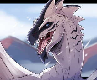 ambiguous_gender black_body blue_eyes blurred_background feral glistening glistening_eyes looking_at_viewer membrane_(anatomy) membranous_wings open_mouth pink_tongue pupils sharp_teeth slit_pupils solo teeth tongue unsigned white_body white_wings wings swampjaws mythology dragon mythological_creature mythological_scalie scalie absurd_res bust_portrait hi_res portrait