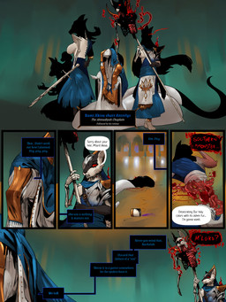 ambiguous_gender anthro blood bodily_fluids body_horror bone breasts corpse cut_in_half dialogue electricity exposed_breasts female gore group guts lightning magic male multicolored_body muscular organs text two_tone_body young tyunre canid mammal reptile scalie snake 3:4 comic english_text hi_res