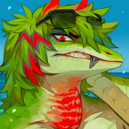 anthro bared_teeth blue_sky detailed_background eyewear eyewear_on_head fangs female female_anthro front_view glasses glasses_on_head glistening glistening_eyes green_body green_hair green_scales hair looking_at_viewer multicolored_hair nude outside pupils red_eyes red_hair scales sky slit_pupils solo sunglasses teeth two_tone_hair corzh77 anole carolina_anole lizard reptile scalie 1:1 bust_portrait detailed hi_res icon portrait