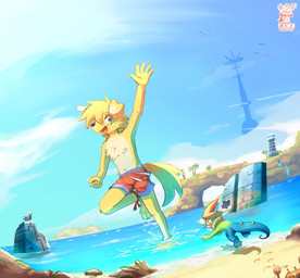 anthro beach blue_sky cheek_tuft chest_tuft clothed clothing duo facial_tuft fur futuristic hair looking_at_viewer male multicolored_body multicolored_fur navel open_mouth pose rock sky swimwear swimwear_only tail topless tuft water axy_usagi avian bird canid canine canis domestic_dog mammal scalie hi_res watermark