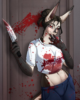 anthro blood blood_on_clothing blood_splatter bodily_fluids bottomwear brown_hair clothing denim denim_bottomwear denim_clothing female hair horror_(theme) jeans knife long_ears movie_reference multicolored_body pants red_eyes shirt slim solo summoner t-shirt topwear white_clothing white_shirt white_topwear chrysanthemummy scream_(films) hybrid 4:5 hi_res