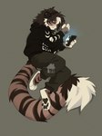 bottomwear brown_body brown_fur clothing electronics feet fur headphones hoodie lying male on_side pants pawpads paws phone phone_screen sad solo striped_body striped_fur stripes sweatpants topwear white_body white_fur noirekatt felid mammal pantherine tiger absurd_res hi_res