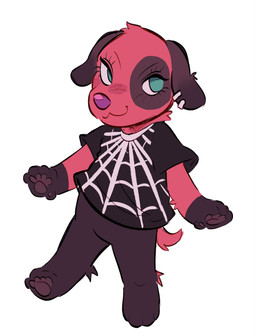 :3 alternative_fashion anthro arm_tuft black_clothing black_ears black_legs black_pawpads black_paws black_shirt black_spots black_topwear blue_eyes blush bottomless cat_smile clothed clothing ear_piercing elbow_tuft eyelashes featureless_crotch female floppy_ears fur goth helix_piercing leg_tuft makeup mascara minimal_shading neck_tuft on_one_leg pantsless pawpads piercing purple_nose red_body red_fur red_tail shirt short_sleeves short_tail simple_background slight_blush smile smirk smug smug_face solo spiderweb_(pattern) spots standing t-shirt tail topwear tuft white_background izzy-paw animal_crossing nintendo cherry_(animal_crossing) canid canine canis domestic_dog mammal 2026 colored_line_art digital_media_(artwork) hi_res