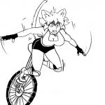 bottomwear clothed clothing female gloves handwear not_furry ouch scared shorts simple_background solo unicycle vehicle white_background wide_eyed unknown_artist domestic_cat felid feline felis humanoid mammal 1:1 black_and_white digital_media_(artwork) hi_res monochrome