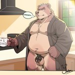 1:1 anthro appliance balls bathrobe bdsm bear belly belly_overhang beverage big_belly black_chastity_cage blue_hair bodily_fluids boulder_(bear) brown_body casual_chastity chastity_cage chastity_device clothed clothing coffee coffee_cup coffee_mug container cum cup daddy_kink daddy_mug dominant_in_chastity dripping english_text fur genital_fluids genitals grumpy hair hi_res holding_object inside kitchen kitchen_appliance kitchen_counter kitchen_stove leaking_cum leaking_precum male mammal mug nipple_piercing nipples open_clothing open_robe overweight overweight_male penis piercing precum precum_drip robe solo speech_bubble standing stove text text_on_mug yetsu