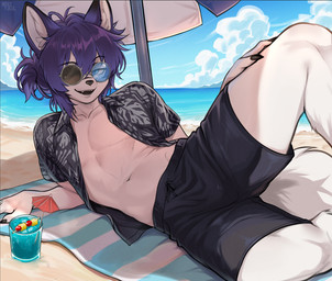 5_fingers aloha_shirt anthro beach beach_towel black_bottomwear black_claws black_clothing black_ear_tips black_nose black_shorts blue_eyes bottomwear claws clothing cloud container cup day dipstick_ears drinking_glass ear_markings eyewear fingers fluffy fluffy_tail fur glass glass_container glass_cup glasses hair hand_on_leg inner_ear_fluff light little_umbrella looking_at_viewer lying lying_on_towel male messy_hair multicolored_ears navel on_side outside pattern_clothing pattern_shirt pattern_topwear pattern_towel purple_hair sea seaside shirt shorts solo striped_towel stripes sunscreen tail topwear towel tuft umbrella water white_body white_fur white_inner_ear nefitail cloak_(shufflefox) bat-eared_fox canid canine fox mammal lighting shaded