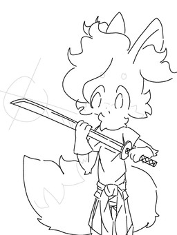 3_fingers big_tail bottomwear clothed clothing fingers fully_clothed gloves handwear holding_katana holding_melee_weapon holding_object holding_sword holding_weapon kasika katana kemono looking_at_object melee_weapon oversized_bottomwear oversized_clothing oversized_pants pants shirt solo standing sword t-shirt tail topwear weapon zack_(xammyxx) canid canine fox mammal 2026 3:4 hi_res monochrome sketch