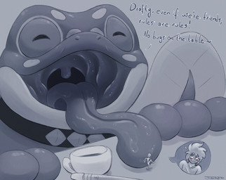 blush bodily_fluids container cup dialogue duo eyes_closed feral gaping_mouth imminent_vore larger_feral long_tongue male micro open_mouth pencil_(object) saliva saliva_on_tongue size_difference smaller_human tea_cup text tongue tongue_out uvula wide_eyed suddendraft draft_(suddendraft) amphibian frog human mammal 2021 english_text hi_res