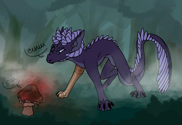 angry big_ears claws female feral fog foggy_background forest forest_background fungus horn long_tail mushroom nature nature_background plant prosthetic prosthetic_arm prosthetic_limb purple_body purple_horn slim solo tail tree white_eyes mary_windswift mythology haurak dragon hybrid mythological_creature mythological_scalie scalie hi_res