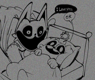 anthro bed bedding blanket duo feral furniture looking_at_another male open_mouth pillow speech_bubble text under_covers jantratanyaporn mob_entertainment poppy_playtime smiling_critters catnap_(poppy_playtime) dogday_(poppy_playtime) canid canine canis critters_(poppy_playtime) domestic_cat domestic_dog felid feline felis mammal english_text