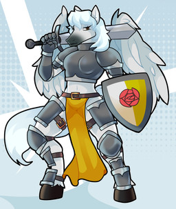 anthro armor belt black_eyes black_snout boob_armor bottomwear breasts clothing ears_up eyelashes featureless_crotch female female_anthro fur grey_background hair holding_melee_weapon holding_object holding_shield holding_sword holding_weapon hooves loincloth long_hair looking_at_viewer medium_breasts melee_weapon shield simple_background standing sword tail unconvincing_armor weapon white_body white_fur white_hair white_tail wings yellow_bottomwear yellow_clothing yellow_loincloth onigiri_punch equid equine horse hybrid mammal absurd_res hi_res