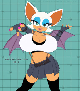 anthro big_breasts bottomwear breasts clothing cosplay female fingerless_gloves gloves handwear huge_breasts looking_at_viewer midriff miniskirt navel skirt solo wide_hips wings baebadoobee final_fantasy final_fantasy_vii sega sonic_the_hedgehog_(series) square_enix rouge_the_bat tifa_lockhart bat mammal hi_res watermark