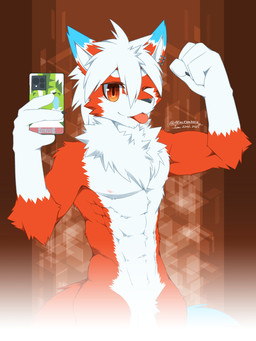 abs anthro barely_visible_genitalia barely_visible_penis biceps blep cellphone censored_genitalia censored_penis crotch_tuft ear_piercing electronics fist flexing flexing_bicep fur genitals gradient_background hair holding_object holding_phone male markings mirror_selfie multicolored_body muscular muscular_male navel nipples nude obliques one_eye_closed pattern_background pecs penis phone piercing pose posing_for_picture red_body red_eyes red_fur selfie simple_background smartphone solo tongue tongue_out tuft two_tone_body white_body white_fur white_hair wink akino-kamihara tobi_(tobisundayo) canid canine mammal 3:4 absurd_res censored hi_res signature