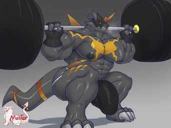 abs anthro armor barbell barbell_squats big_penis black_body clothing exercise genitals headgear helmet huge_penis male muscular muscular_anthro muscular_male pecs penis solo thong underwear weightlifting workout masterelrest bandai_namco digimon bulkmon digimon_(species) hi_res
