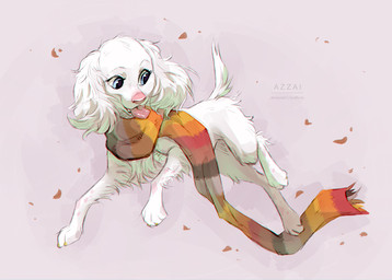 blep blue_eyes female feral fur leaf looking_away markings mostly_nude pink_markings pink_nose pink_tongue scarf scarf_only simple_background solo tail tongue tongue_out white_body white_fur azzai bird_dog canid canine canis domestic_dog hunting_dog mammal spaniel 2023 colored colored_sketch digital_drawing_(artwork) digital_media_(artwork) shaded sketch