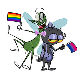 anthro bisexual_pride_colors bottomless bow_tie clothed clothing duo flag hat headgear headwear insect_wings lgbt_pride looking_at_another looking_at_viewer male mostly_nude one_eye_closed pride_color_flag pride_colors purple_clothing purple_hat purple_headwear rainbow_flag rainbow_pride_flag rainbow_symbol six-stripe_rainbow_pride_colors smile standing toony wings wink yellow_sclera negaposi mortein louie_the_fly arthropod fly_(animal) housefly insect mosquito 2025 hi_res