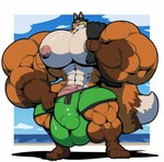 5_fingers 5_toes anthro balls beach big_balls big_bulge big_muscles big_pecs big_penis blonde_hair bobert bottomwear bulge canid canine clothing cloud day erection feet fingers fox genitals hair hat headgear headwear hi_res holding_object huge_balls huge_bulge huge_muscles huge_pecs huge_penis hyper hyper_balls hyper_bulge hyper_genitalia hyper_muscles hyper_penis looking_at_viewer male mammal muscular muscular_male nipples pants pecs penis pink_nipples pink_penis plantigrade sea seaside shirtless smile solo standing toes towel water