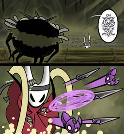 2_horns 2_panel_comic ambiguous_gender anthro black_arms black_eyes black_text cloak clothing cogfly dialogue duo empty_eyes horn humor question_mark red_cloak red_clothing speech_bubble talking_to_another text throwing_weapon weapon iiimp hollow_knight:_silksong hollow_knight_(franchise) marvel moon_knight_(series) team_cherry groal_the_great hornet_(hollow_knight) arthropod insect larva maggot 2025 absurd_res comic english_text hi_res meme signature