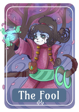 4_fingers accessory anthro belt black_body black_fur black_hair black_nose card clothing countershade_face countershading female fingers fur gem green_belt green_eyes hair hair_accessory hair_ribbon hand_wraps leaf looking_aside magic major_arcana nails pink_clothing pink_shirt pink_topwear plant ponytail pouch_(clothing) ribbons ring shirt smile solo staff standing tarot tarot_card text the_fool_(tarot) topwear tree wraps young young_anthro young_female lenamoongrove blizzard_entertainment warcraft li_li_stormstout bear mammal pandaren 2023 absurd_res colored digital_drawing_(artwork) digital_media_(artwork) hi_res signature
