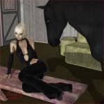 1:1 3d_(artwork) ambiguous_gender barn black_body black_fur blonde_hair clothed clothing collar digital_media_(artwork) duo equid equine female feral fur gloves hair handwear hay hi_res horse human mammal short_hair vaesark