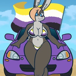 anthro beach big_ears bikini blue_eyes breasts car clothing fur grey_body grey_fur hair hair_over_eye leaning_on_car lgbt_pride multicolored_body multicolored_fur navel nonbinary_pride_colors orange_hair outside pride_color_bikini pride_color_clothing pride_color_flag pride_color_swimwear pride_colors sand sea solo swimwear two-piece_swimsuit two_tone_body two_tone_fur vehicle water stratica lgbt_pride_month dana_(olan_rich) lagomorph leporid mammal rabbit 1:1 2026 absurd_res digital_drawing_(artwork) digital_media_(artwork) english_description hi_res nonbinary_(lore)
