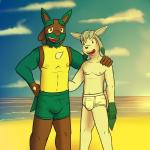 1:1 2016 5_fingers anthro anthrofied arm_around_shoulders beach big_bulge boxers_(clothing) briefs bulge bulge_size_difference clothed clothing detailed_background duo eeveelution fingers fur fuze generation_4_pokemon glaceon green_clothing green_underwear hair hi_res interview lance_(fuze) looking_at_viewer lucario male male/male mostly_nude navel nintendo nipples open_mouth outside pokemon pokemon_(species) pokemorph sand sea seaside short_hair sky smile standing story story_in_description sunset teal_clothing teal_underwear teeth tighty_whities tongue topless underwear water white_briefs white_clothing white_underwear