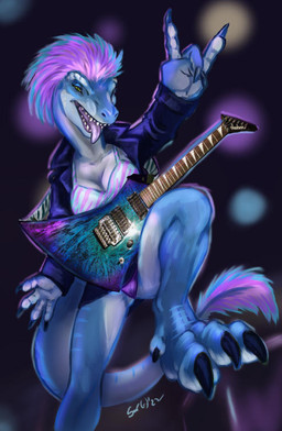 anthro claws clothed clothing devil_horns_(gesture) electric_guitar female gesture guitar hair hand_gesture jacket light low-angle_view musical_instrument open_mouth plucked_string_instrument purple_hair skimpy solo string_instrument toe_claws tongue tongue_out topwear caribou_(artist) dinosaur dromaeosaurid prehistoric_species reptile scalie theropod