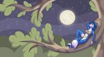 anthro blue_body blue_fur bottomwear bra breasts clothing dipstick_tail female fur loincloth markings moon multicolored_tail navel night plant solo tail tail_markings tree underwear tempestryder nintendo star_fox krystal_(star_fox) canid canine fox mammal hi_res