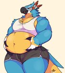 anthro beak belly belly_grab belly_overhang belly_squish big_belly blush bottomwear clothed clothing crop_top dolphin_shorts feathers holding_belly hotpants male musclegut muscular muscular_anthro muscular_male narrowed_eyes navel overweight overweight_anthro overweight_male pecs shirt shorts simple_background smile solo squish standing tank_top thick_arms thick_thighs topwear tuft white_background razigator breath_of_the_wild nintendo the_legend_of_zelda kass_(tloz) avian bird rito 2025 hi_res signature