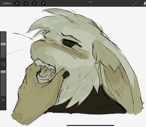 anthro art_program_in_frame black_clothing black_eyes black_nails black_shirt black_topwear bodily_fluids cheek_tuft clothing colored_nails disembodied_hand duo facial_tuft fur hair head_tuft inner_ear_fluff male male_anthro nails open_mouth sharp_teeth shirt sweat tan_body tan_ears tan_fur tan_hair tan_inner_ear_fluff tan_sclera tan_tongue teeth tongue topwear tuft whiskers killcuspid vincent_(killcuspid) domestic_rabbit lagomorph leporid lionhead_rabbit mammal oryctolagus rabbit 2023 bust_portrait digital_drawing_(artwork) digital_media_(artwork) hi_res portrait procreate_(artwork) trans_(lore) trans_man_(lore)