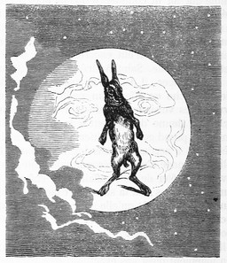 ambiguous_gender biped bipedal_feral cloud duo featureless_crotch feral fur man-in-the-moon moon night outside sky standing star starry_sky louis_le_breton dictionnaire_infernal sakimouni_(mythology) animate_inanimate lagomorph leporid mammal rabbit 1863 19th_century ancient_art black_and_white hi_res monochrome male_(lore)