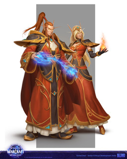 armor beard blonde_hair brown_hair clothing duo elemental_manipulation eyebrows facial_hair female fire fire_manipulation footwear green_eyes hair humanoid_pointy_ears long_eyebrows magic male not_furry pauldron pointy_ears red_clothing red_robe robe shoes simple_background standing text forrest_imel blizzard_entertainment warcraft blood_elf elf humanoid 4:5 absurd_res digital_media_(artwork) english_text hi_res official_art
