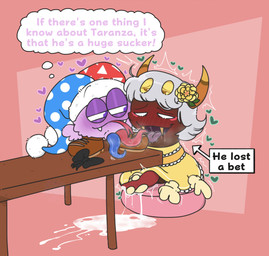 2_horns 2_penises 4_eyes accessory blush blush_lines bodily_fluids clothing crotch_tentacles cum cum_on_ground dark_body dark_skin dress duo fangs flower flower_in_hair fool's_hat footwear furniture genital_fluids genitals grey_hair hair hair_accessory hat headgear headwear heart_symbol horn male male/male masturbation multi_eye multi_genitalia multi_penis narrowed_eyes penis pillow plant purple_body saliva shake_lines shoes squint table tapering_penis teeth tentacles text thought_bubble tongue tongue_out tremble_spikes wiggle_lines kittipaws kirby_(series) nintendo marx_(kirby) taranza arachnid arthropod spider spidr waddling_head absurd_res hi_res
