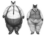 anthro belly big_belly big_cheeks chubby_cheeks clothing dewlap_(anatomy) double_chin dress_shirt duo huge_belly huge_moobs huge_thighs male male/male morbidly_obese morbidly_obese_male necktie obese obese_male overweight overweight_male shirt suspenders thick_thighs topwear vest weight_gain wide_hips cettus whaleoil1 karras_lafontaine reuben_(derpoomer) domestic_cat felid feline felis mammal siamese monochrome