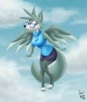 anthro bare_shoulders bottomwear breasts clothing cloud eyewear feathered_wings feathers female glasses legwear looking_at_viewer skirt sky sleeveless smile solo stockings sweater topwear turtleneck wings harry_amorós wolfo canid canine canis mammal wolf 2016 absurd_res hi_res