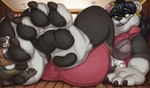 3_toes 4_fingers accessory anthro anthro_on_anthro bangs barefoot biped black_body black_claws black_eyebrows black_finger_claws black_fur black_hair black_nose black_pawpads black_toe_claws blue_eyes body_size_growth bottomwear breasts brown_clothing brown_topwear butt ceiling claws clothed clothed_anthro clothed_female clothed_male clothing detailed_background duo ear_piercing ear_ring eyebrows eyelashes facial_markings feet female female_anthro finger_claws fingers floor foot_fetish foot_focus fur gloves_(marking) green_bottomwear green_clothing green_eyes hair hair_accessory hairpin head_markings inside larger_anthro larger_female leg_markings long_hair looking_at_another lying macro_anthro macro_female male male/female male_anthro markings mask_(marking) multicolored_body multicolored_fur multicolored_hair on_back onomatopoeia open_mouth open_smile overweight overweight_anthro overweight_male pawpads paws piercing plantigrade red_bottomwear red_clothing red_hair red_topwear ring_piercing size_difference size_transformation smaller_anthro smaller_male smile socks_(marking) soles sound_effects standing text toe_claws toes topwear transformation two_tone_body two_tone_fur two_tone_hair whisker_spots white_body white_feet white_fur white_hands wood wood_floor wood_paneling teaselbone blizzard_entertainment warcraft magicpawz bear mammal pandaren 2020 digital_media_(artwork) english_text hi_res shaded signature